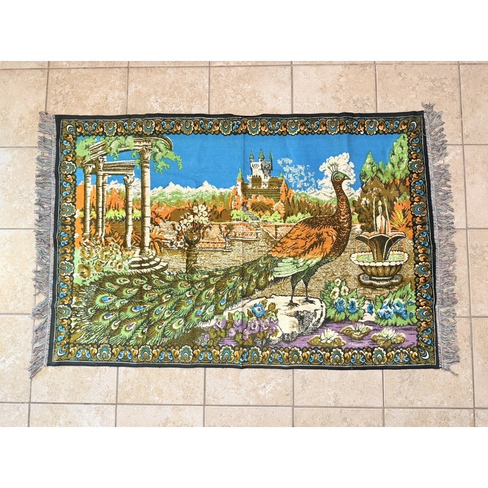 Vintage 1970s Peacock Velvet Tapestry Wall Hanging Castle Fountain 60x39